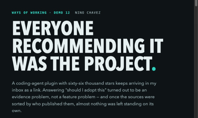 Demo 12 title slide: everyone recommending it was the project, with the operator's verbatim research request beneath it