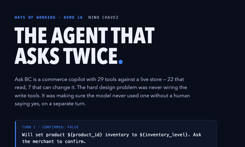 Demo 16 title slide: the agent that asks twice, showing the preview-then-execute turn card