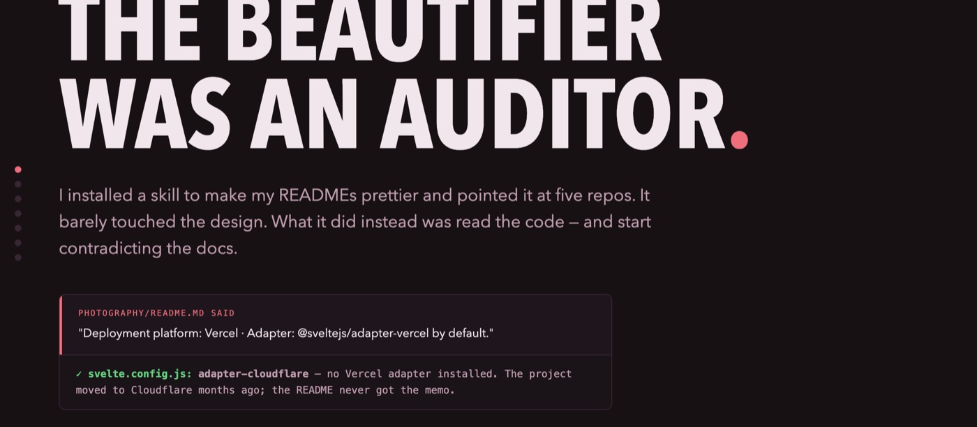Demo 09 title slide: a README claim beside the code fact that contradicts it