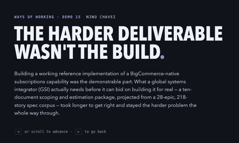 Demo 15 title slide: the harder deliverable wasn't the build, showing the ten-document bid package's document list and story counts