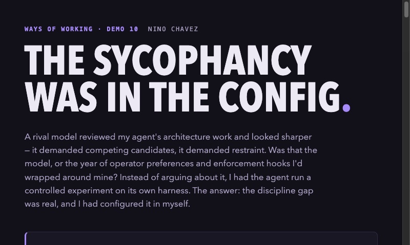Demo 11 title slide: the sycophancy was in the config, with the operator's verbatim question about model versus configuration