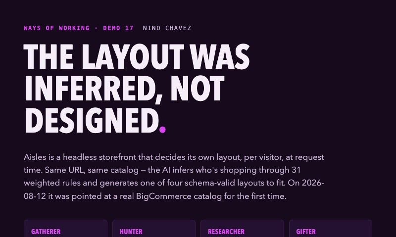 Demo 17 title slide: the layout was inferred, not designed, with the four-persona quad — gatherer, hunter, researcher, gifter