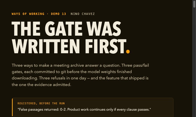 Demo 13 title slide: the gate was written first, with the preregistration commit that predates the model download