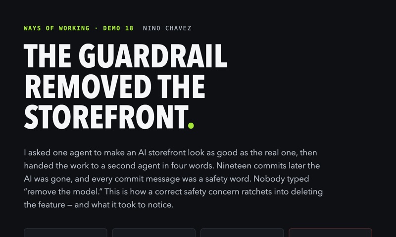 Demo 18 title slide: the guardrail removed the storefront, with the four-step chain from direction to handoff to hardening to removal
